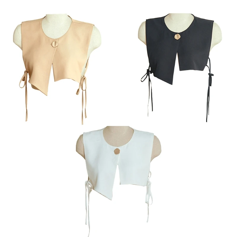 

Women Vintage Asymmetrical False Collar Shawl Button Scarf Necklace Vest for Jacket Solid Color Detachable Dickey Lace-Up Poncho