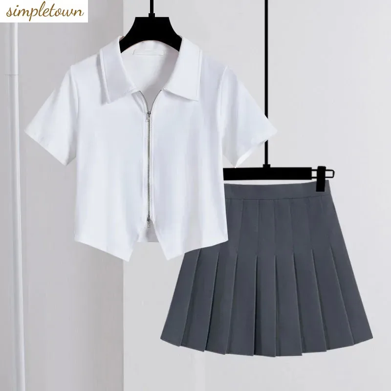 Summer fashion polo collar design with double zipper T-shirt slim fit short sleeved top and pleated skirt two-piece set