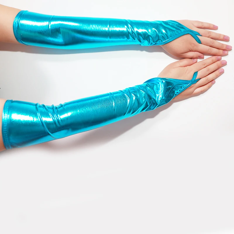 Glossy gloves Sky Blue Women Sexy Metallic Fingerless Gloves Green Elbow Length Party Dance Cosplay Club Accessory Shiny Long Night Gloves