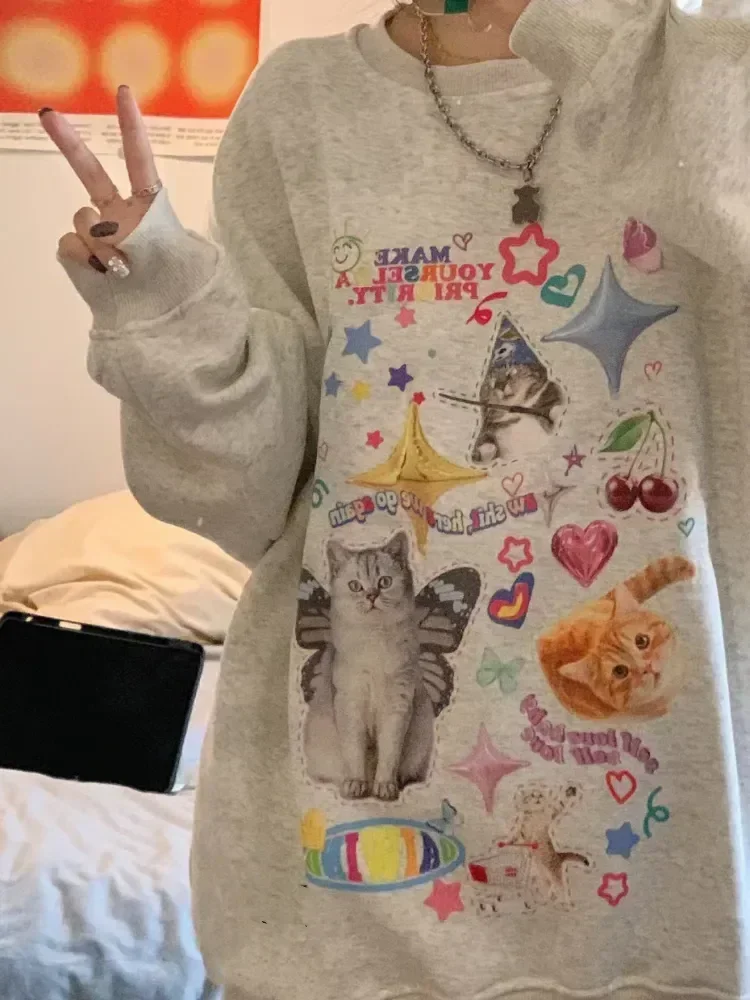 

HOUZHOU Kawaii Cat Print Hoodie Women Cute Long Sleeve Sweatshirt American Retro E-girl Kitten Angel Graphic Alt Clothes Y2k