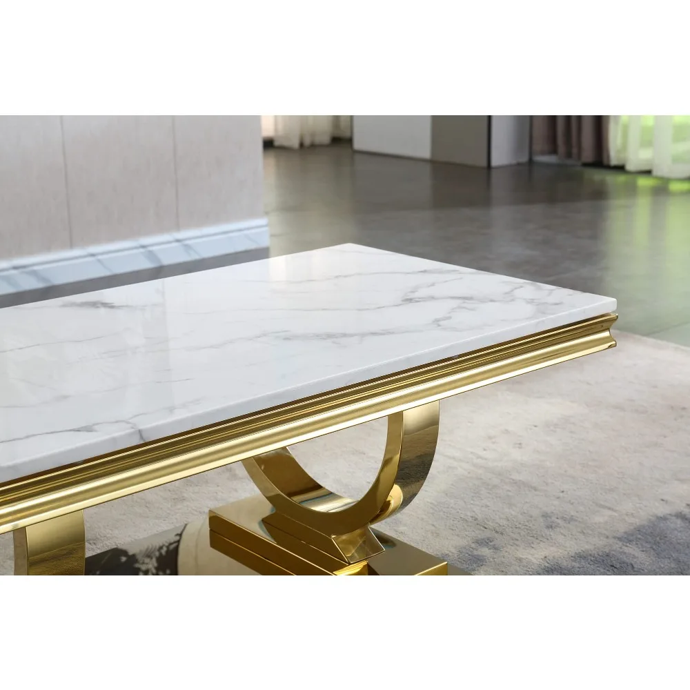 Marble Top Coffee Table, Rectangular Living Room Table Marble Cocktail Table Mirrored Stainless Steel U-Base, Sofa Coffee Table 3