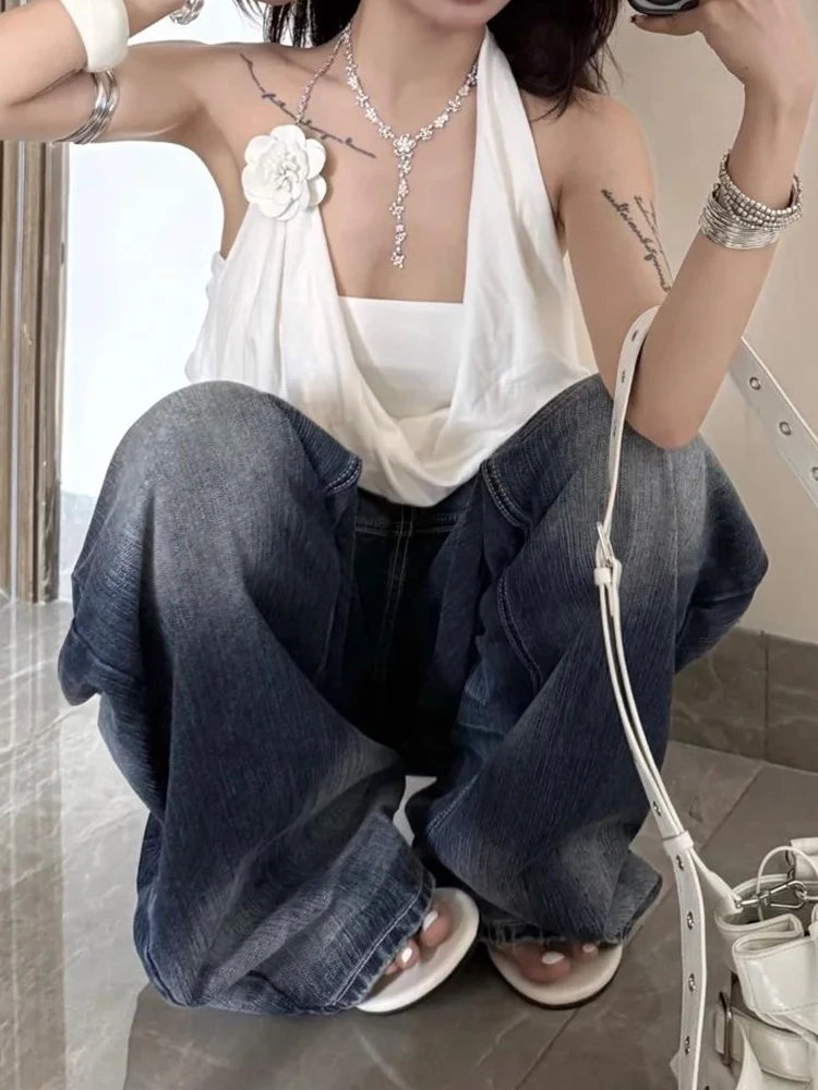 Nibber Sweet Two Tops Mini Wrap+Swing Collar Chain Halter Sexy Backless Sleeveless 3d Flowers Daily Summer Trend Commute Outfits