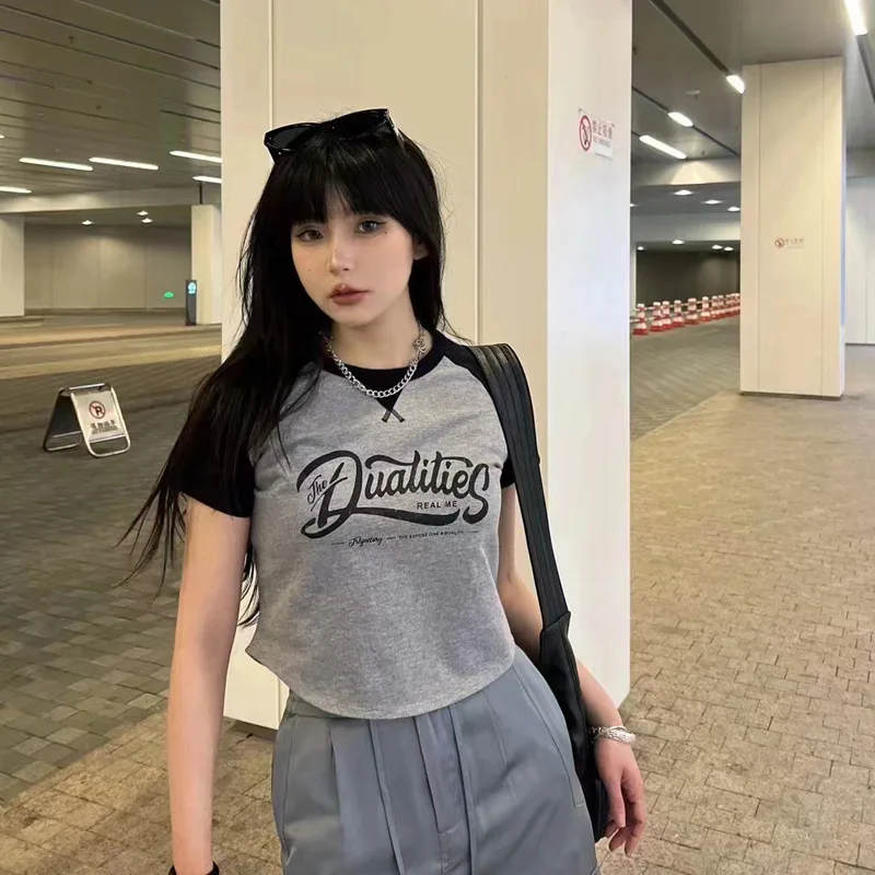 

Women's Short Sleeve top Y2k Aesthetics Vintage Harajuku Star letter Graphic emo Spliced T-shirt Grunge Crop Tops korean fashion