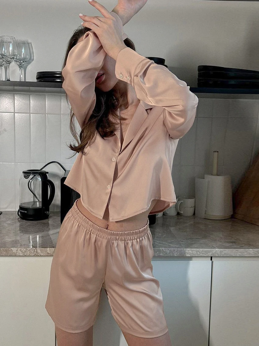 Marthaqiqi Fashion Women'S Nightwear Suit Long Sleeve Sleepwear Sexy Turn-Down Collar Pajamas Shorts Female Nightie 2 Piece Set