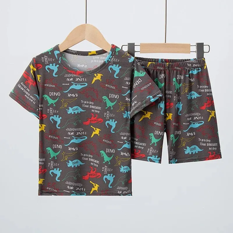 2 Pcs Summer Children's Fun Printed Shorts Short Sleeve Suit Boy Colorful Dinosaur Top Girl Sweet And Lovely Elastic Waist Short 1