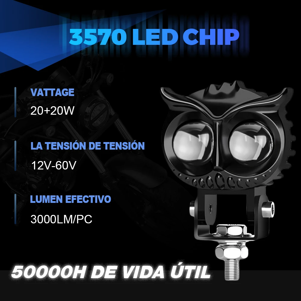 Led Motorcycle Headlight Work Light Owl 6000K 3500K White Yellow Driving Fog Lights Car UTV Truck Off Road Led Spotlight 12-80V