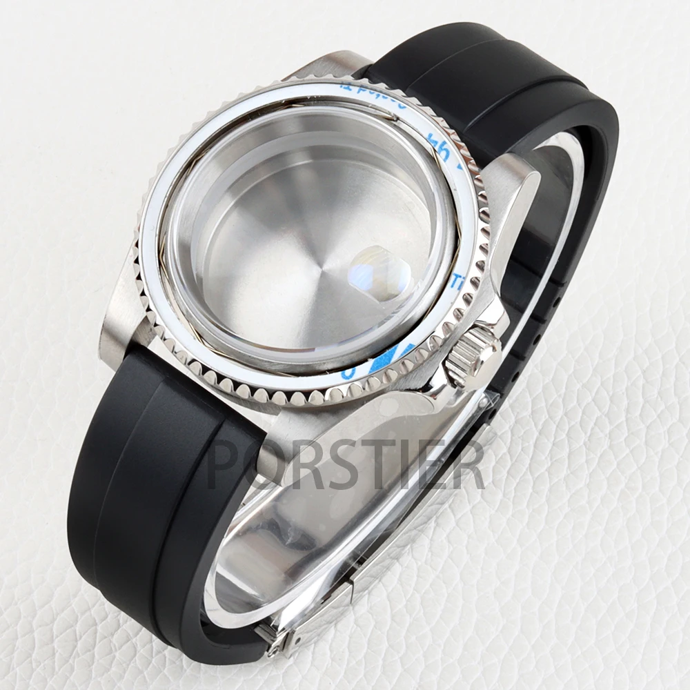 Stainless Steel 40mm Yacht Watch Case with Sapphire Glass & Rubber Strap - 100m Waterproof