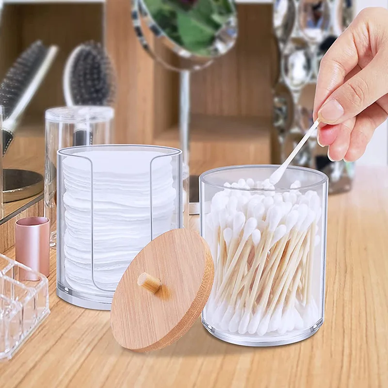Bamboo cover makeup cotton storage box European style transparent bamboo cover cotton swab box can be stacked with desktop or... 2