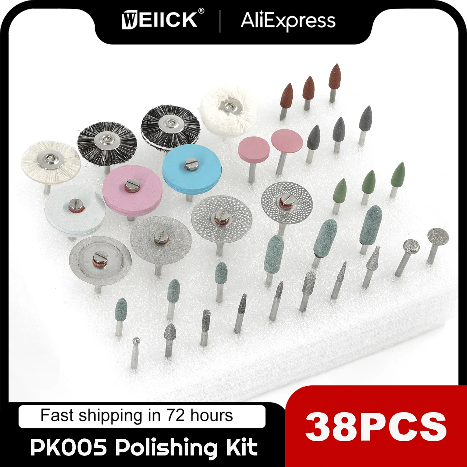 WellCK 38PCS/Set Dental Lab HP Polishing Kit 2.35mm for Grinding Ceramics Porcelain Low Speed Polisher Brushes Diamond Burs Disc