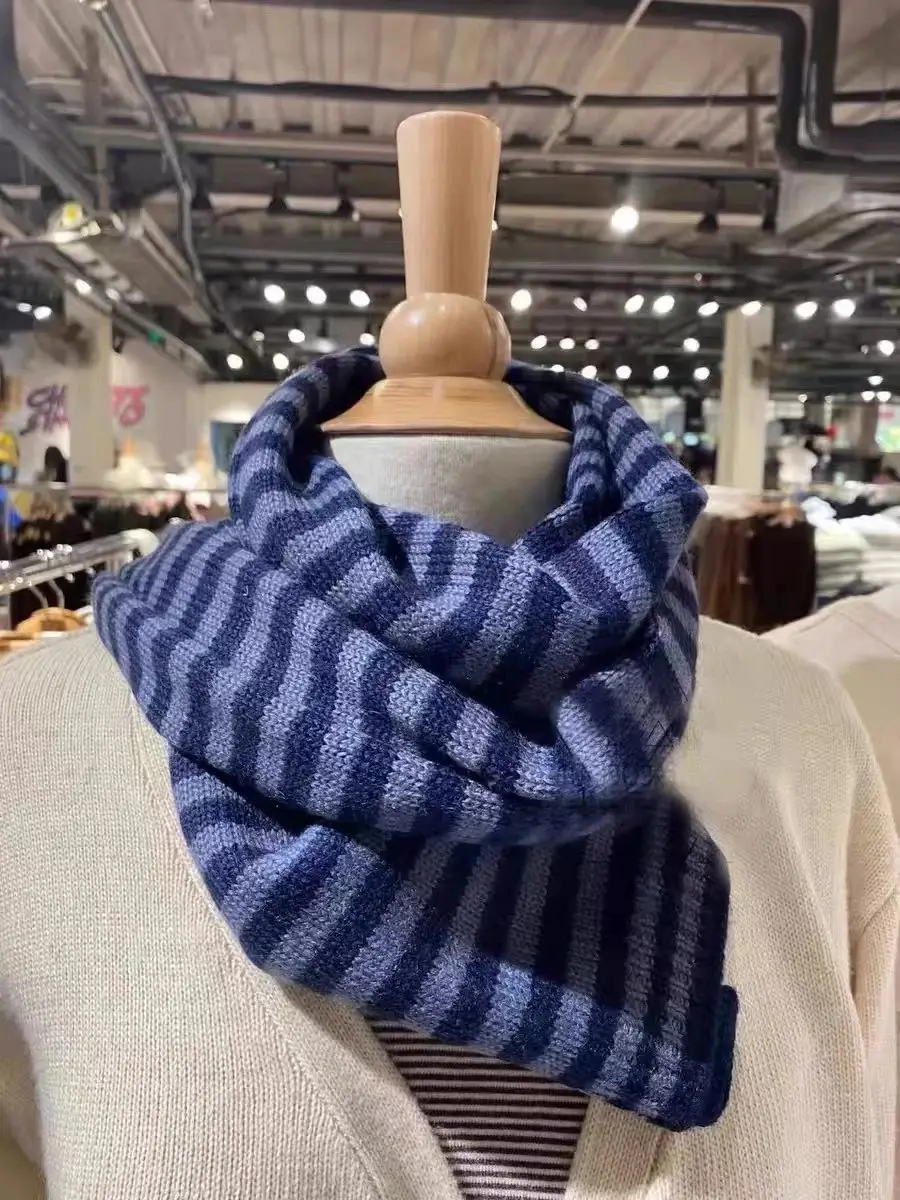 New Vintage Striped Knitted Scarf for Woman Winter Unisex Long Size Casual Fashion Sweet Preppy Style All-match Cotton Scarves