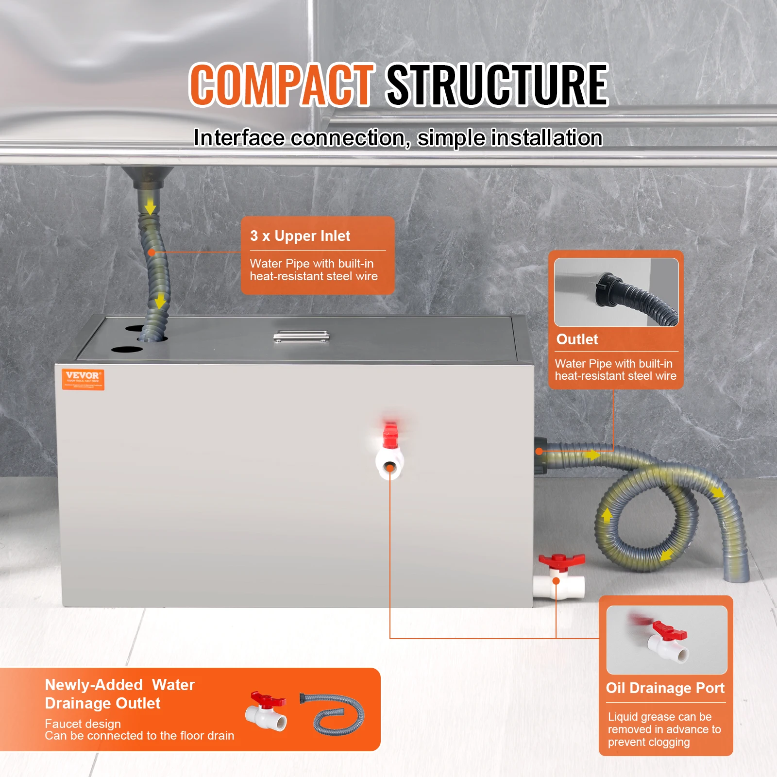 VEVOR Commercial Grease Trap Grease Interceptor Top Inlet Interceptor Under Sink Stainless Steel Grease Trap Waste Water Oil-wat 5