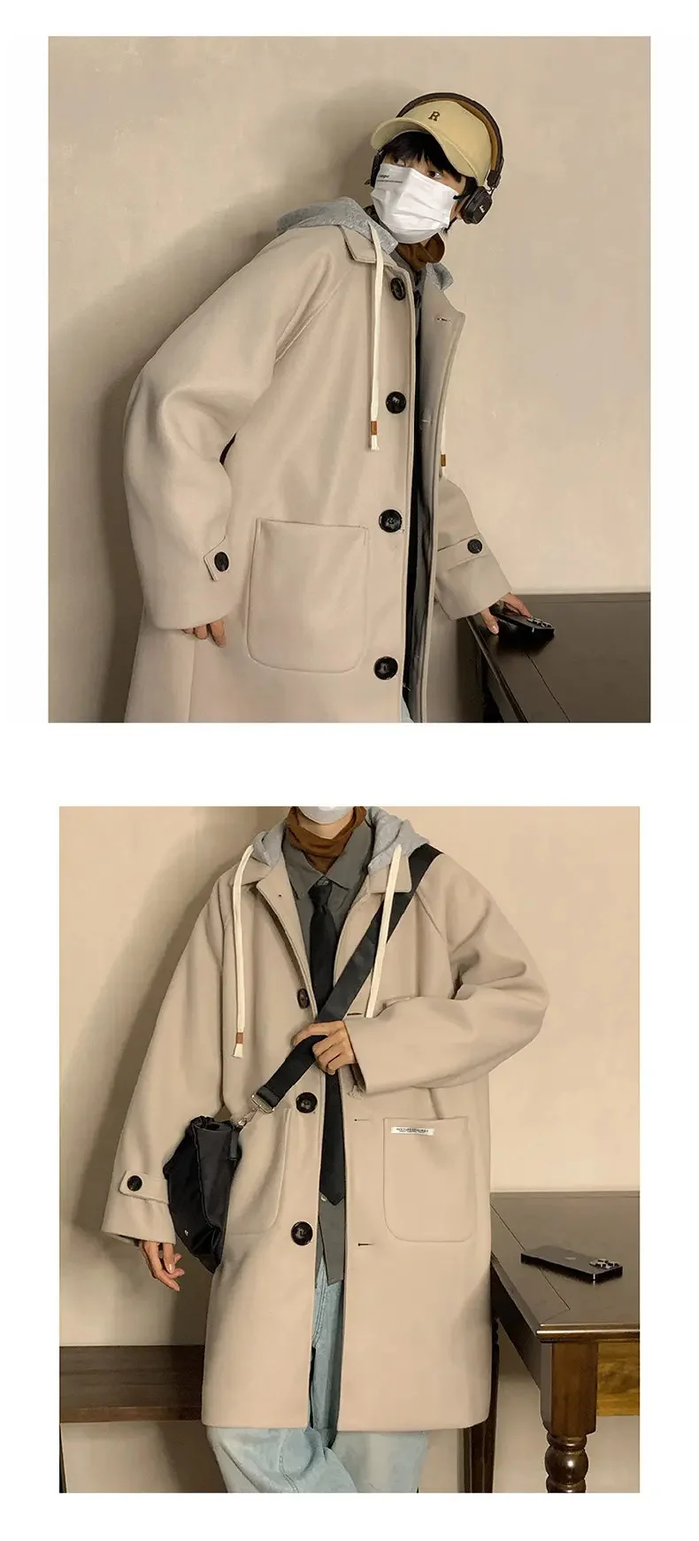 Description Picture 6 of item2024 Trench Men Hoodie Spring and Autumn Mens Coat Casual Male Streetwear Hip Hop Coats Harajuku Overcoat
