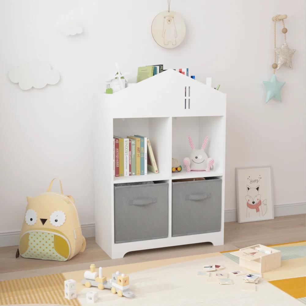 Kids Dollhouse Bookcase with Storage, 2-Tier Storage Display Organizer, Toddler Bookshelf with 2 Collapsible Fabric Drawers 5