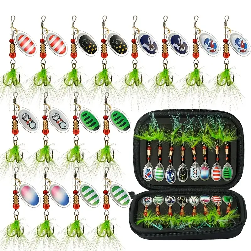 16 قطعة/10 قطعة الدورية مركب الترتر ملعقة معدنية سبينيربايت الصيد إغراء قسط الطعم الثابت مع ريشة ثلاثة أضعاف السنانير معالجة