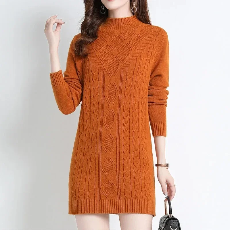 

Korean Women Knit Sweater Pullover 2024New Autumn Winter Mid-length Half High Collar Sweaters Female Jumper Tops Bottoming Shirt