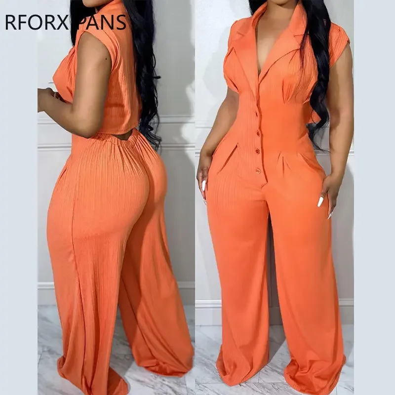 

2023 Women Solid Notched Collar Button Sleeveless Deep V Neck Midriff Straight Leg Jumpsuit