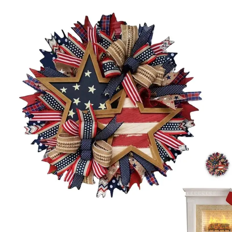 

4 июля венки для входной двери 4 июля патриотический венок звезды и полосы ручной работы, памятный день, Венок праздничный