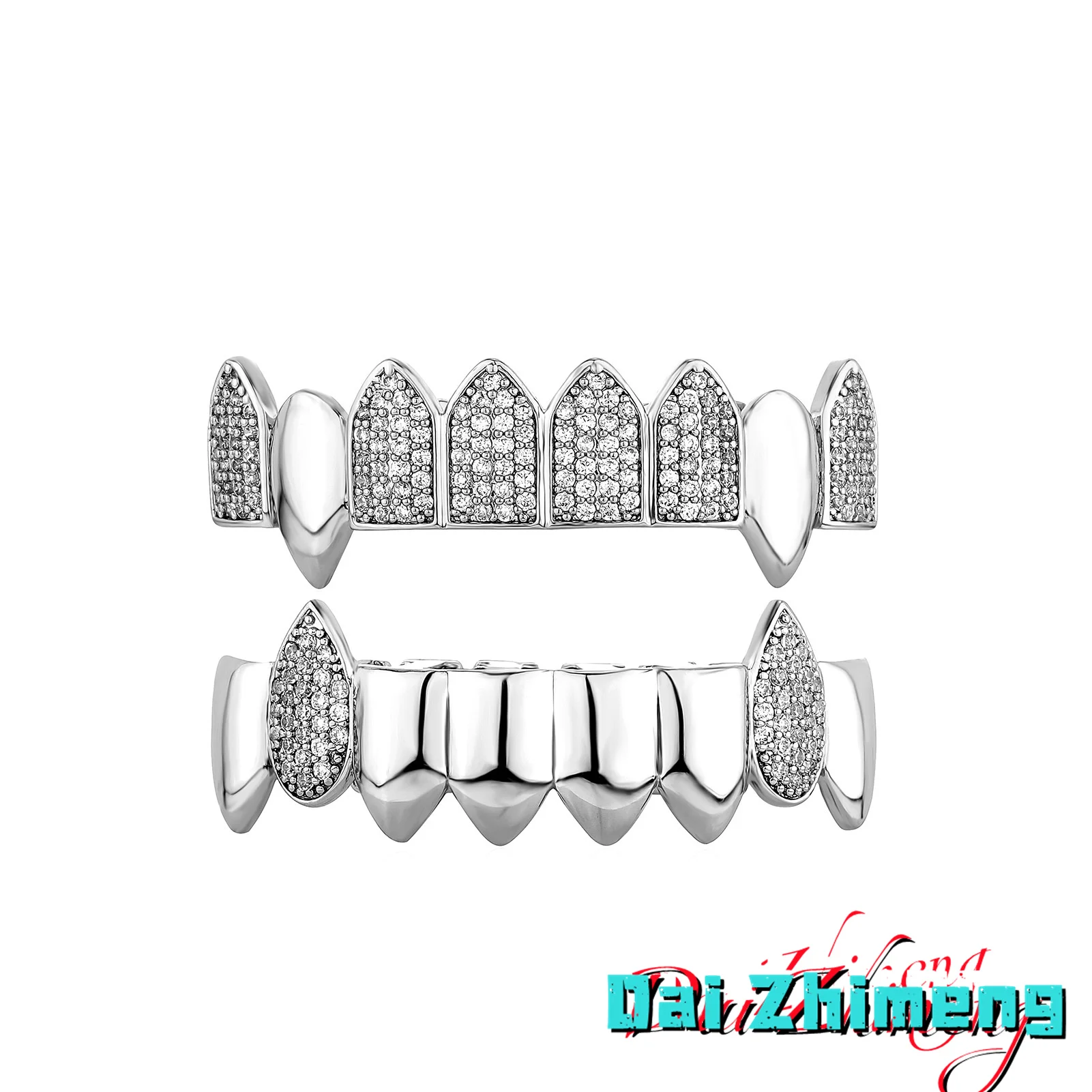 

DZM 2024 New Group Inlaid Ladder Square Diamond Zirconia Big Gold Teeth Hip Hop Rap Funny Men's and Women's Teeth Set Jewelry