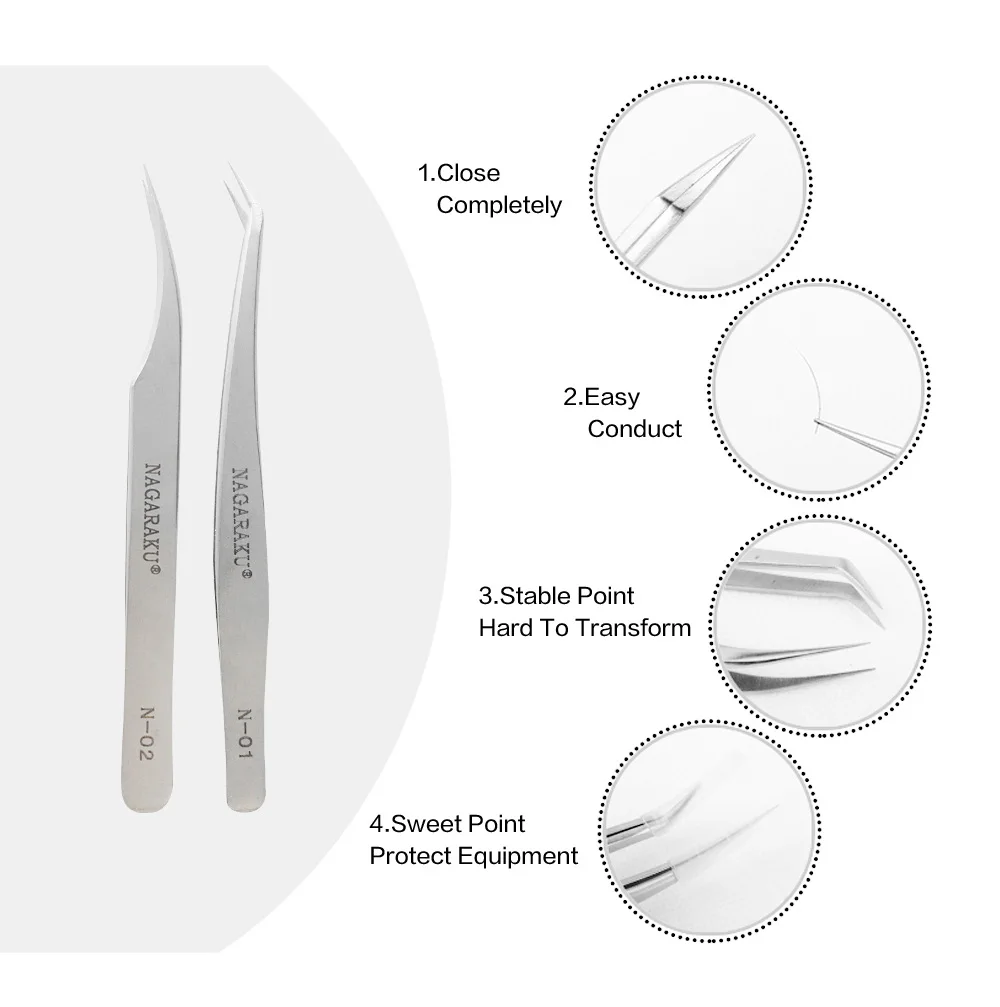 NAGARAKU 2pcs set for eyelash extension professional tweezers N-01 and N-02 for divide volume eyelash 6