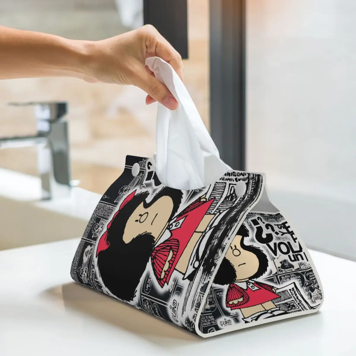 Custom Vintage Quino Comic Mafalda Facial Tissue Box Cover Rectangular Cartoon Mang PU Leather Tissue Box Holder for Car Toilet 6