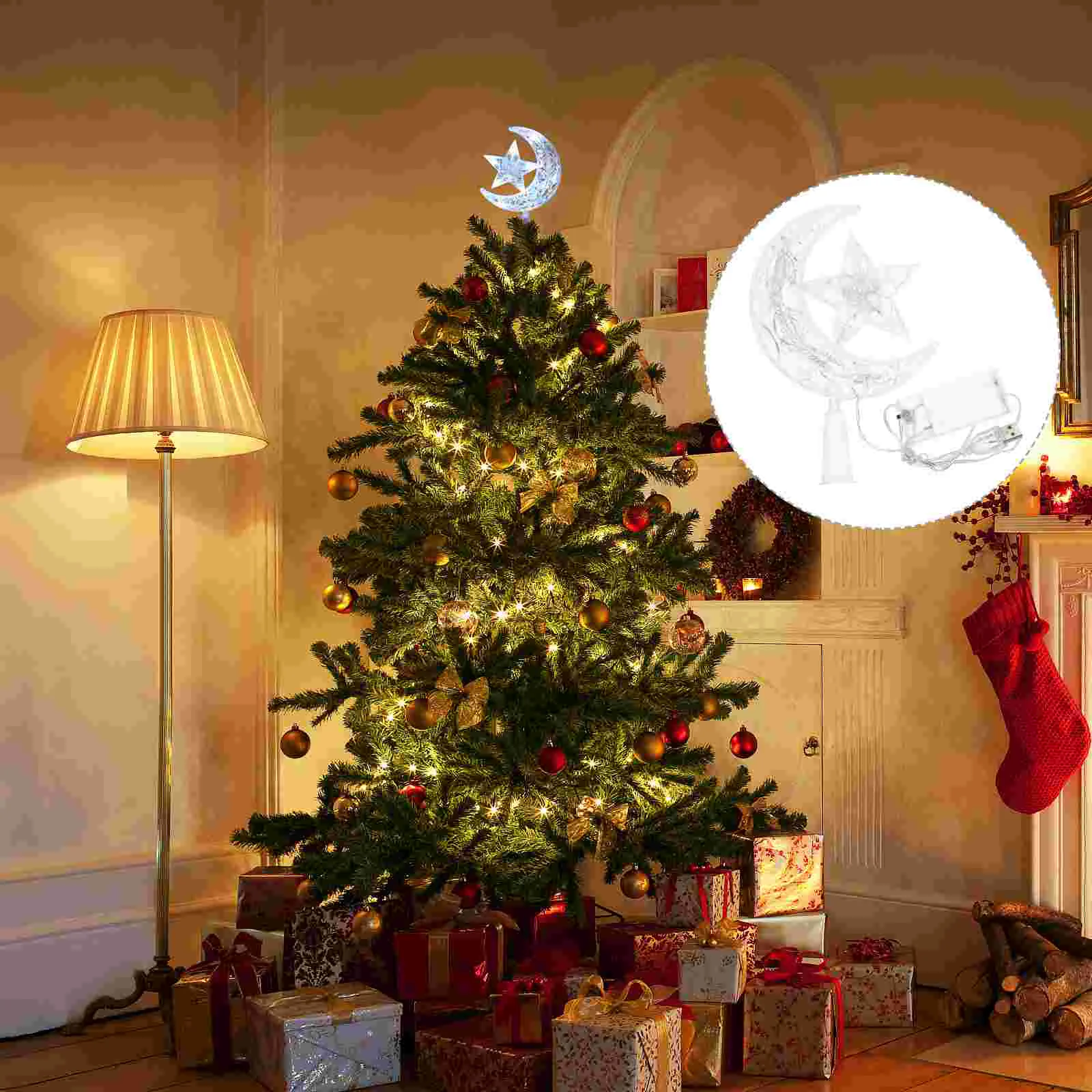 

English title: Moon Star Tree Topper Lighted Up Christmas Tree Topper Battery Powered Topper Light Usb Tree Decor Christmas