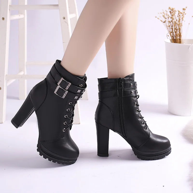 Winter Autumn Women Motorcycle Ankle Boots Chunky heel Female Lace Up Platforms Black Leather Oxford Shoes Woman Red Boots