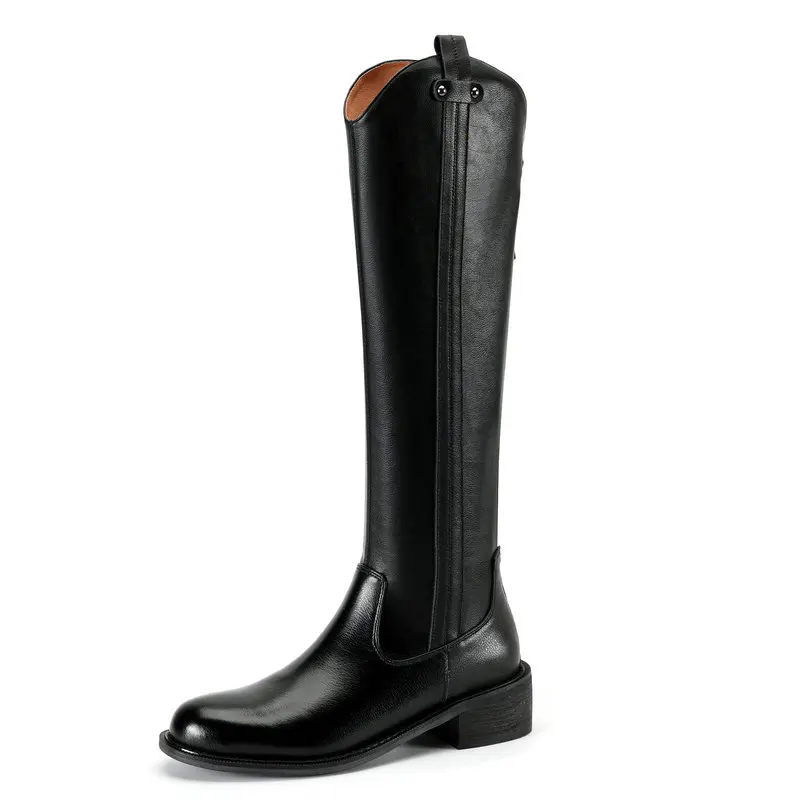 

2024 Round Toe Knee High Boots Winter Newest Genuine Leather Shoes Woman Zipper Square Med Heel Winter Boots Size 34-43