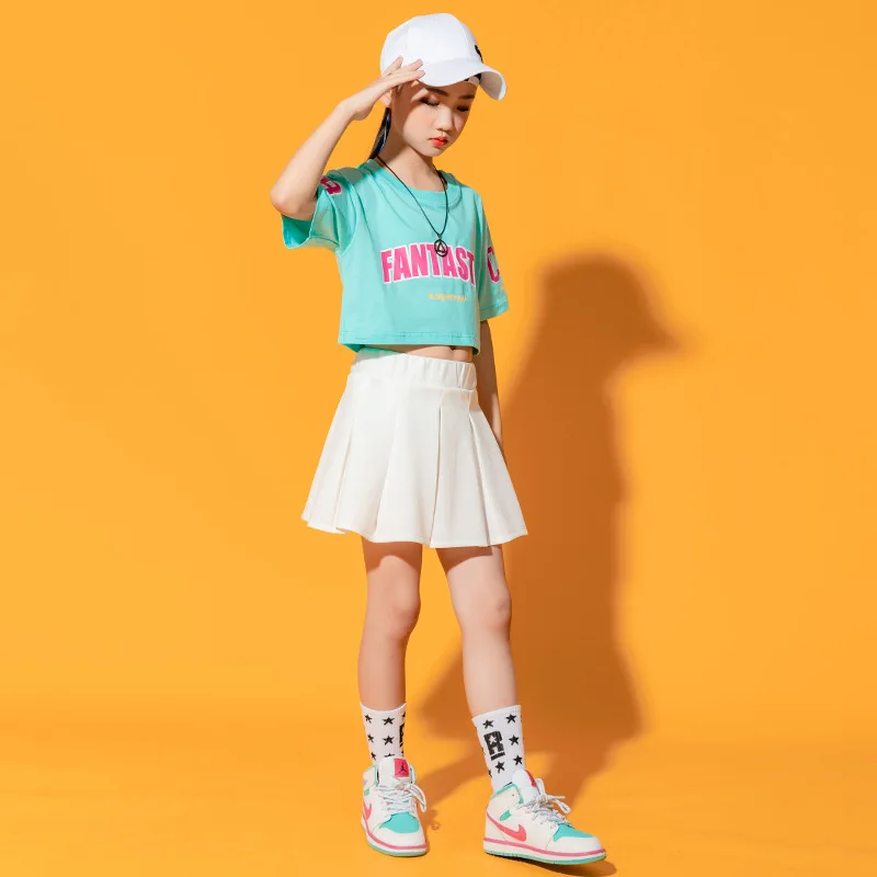 

Teenager Girls Summer Outfit Letter Print T Shirt Crop Top White Pleated Skirt Child Hip Hop Costume Kids Performance Clothing