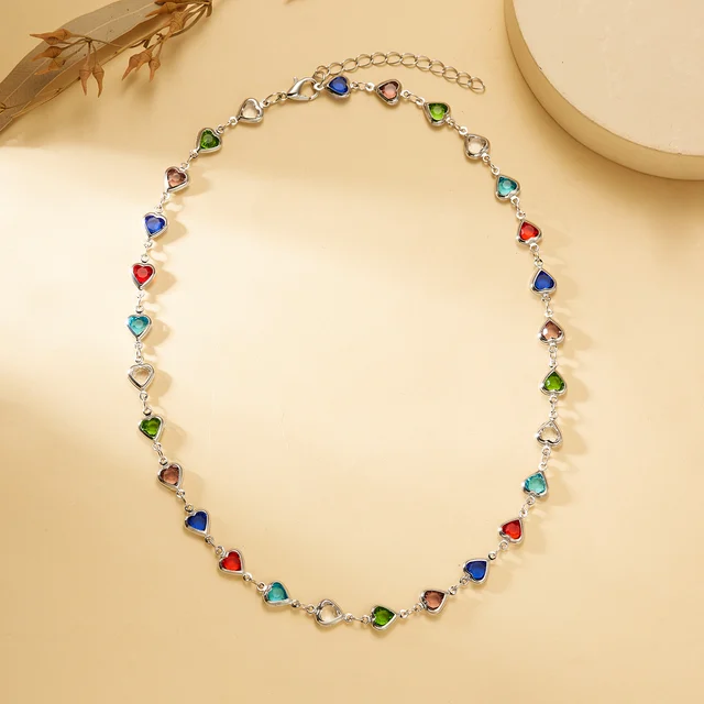 Vintage Rainbow Crystal Heart Choker Necklace