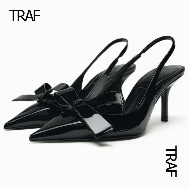 

Женские свадебные туфли-лодочки TRAF, женские офисные современные туфли с бабочками, черные туфли с ремешком на пятке и острым носком на высоком каблуке для женщин
