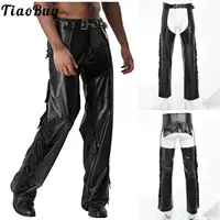 Men Western Show Chaps Cowboys Faux Leather Pants Glossy Cutout Tassels Fringed Motorcycle Trousers for Halloween Theme Party