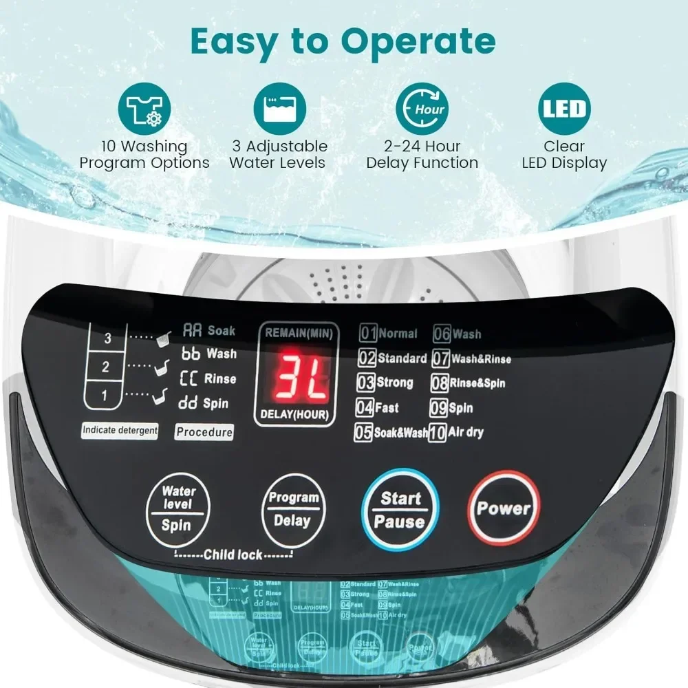 Portable Washing Machine, 7.7 Lbs 10 Preset Programs 3 Water Levels, Washer and Spinner Combo, 0.78 Cu.ft Full Automatic Laundry 4