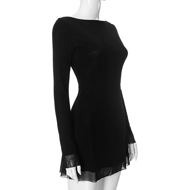 Mesh Backless Fashion Dress For Women Sexy Long Sleeve Lace-Up Slim Patchwork Bandage Dress Women's Solid Autumn Dress New