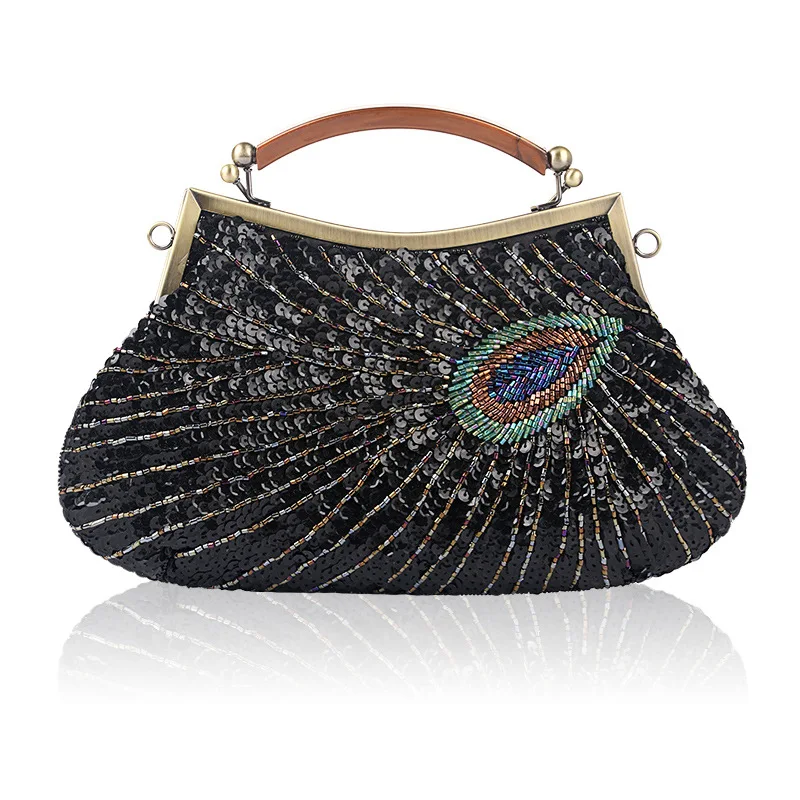 Retro Peacock Blue Evening Bags For Women Fine Sequin Embroidered Clutches Purse Wedding Dinner Party Clutch Handbag With Handle