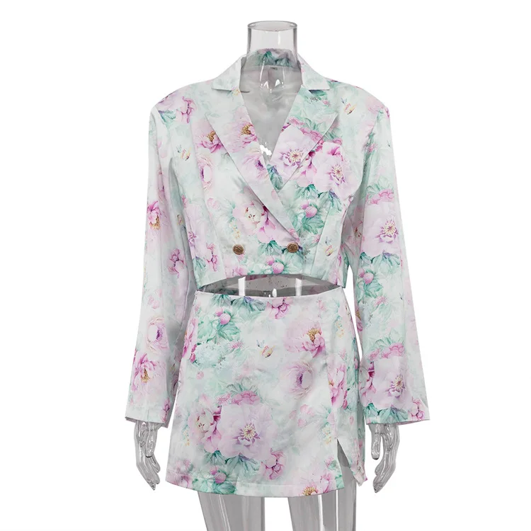 Printed Fashion 2 Piece-Set Skirt Female V-Neck Cropped Top And Mini Skirt Sets Commute Clothes Women's Contrast Outfits