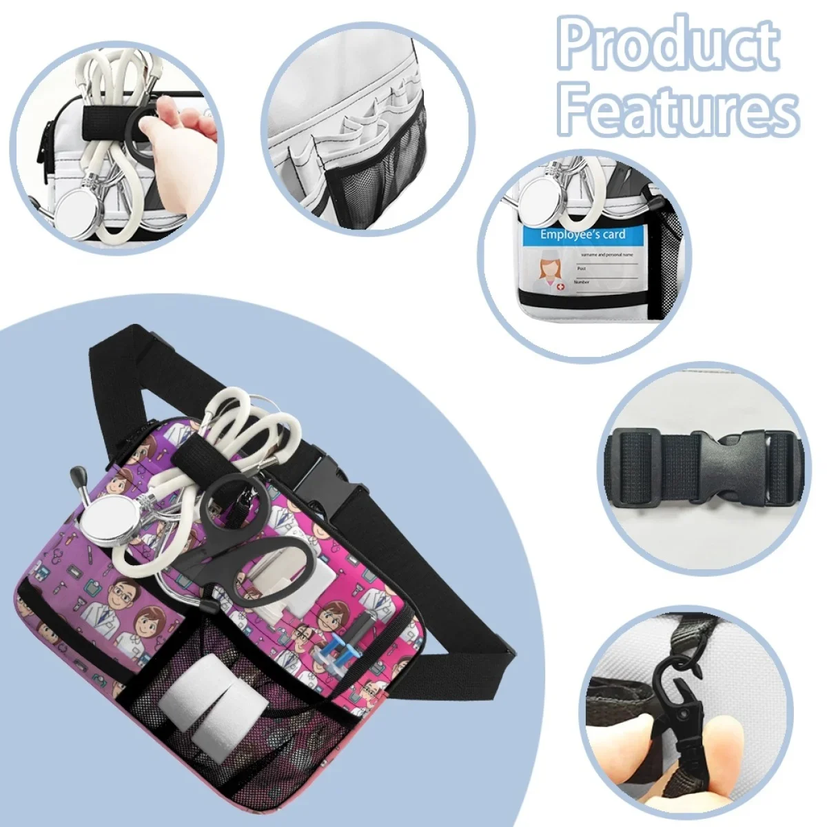 Adjustable Waist Straps Nursing Fanny Pack for Stethoscopes Care Kit Nursing Student Tools Cartoon Medical Equipment Print Pouch