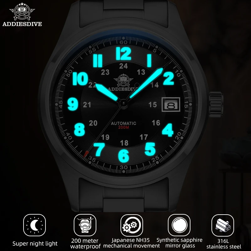ADDIESDIVE NEW Green Dial Men's Automatic Mechanical Watch 200M Waterproof Luminous Stainless Steel Watches AD2048 reloj hombre