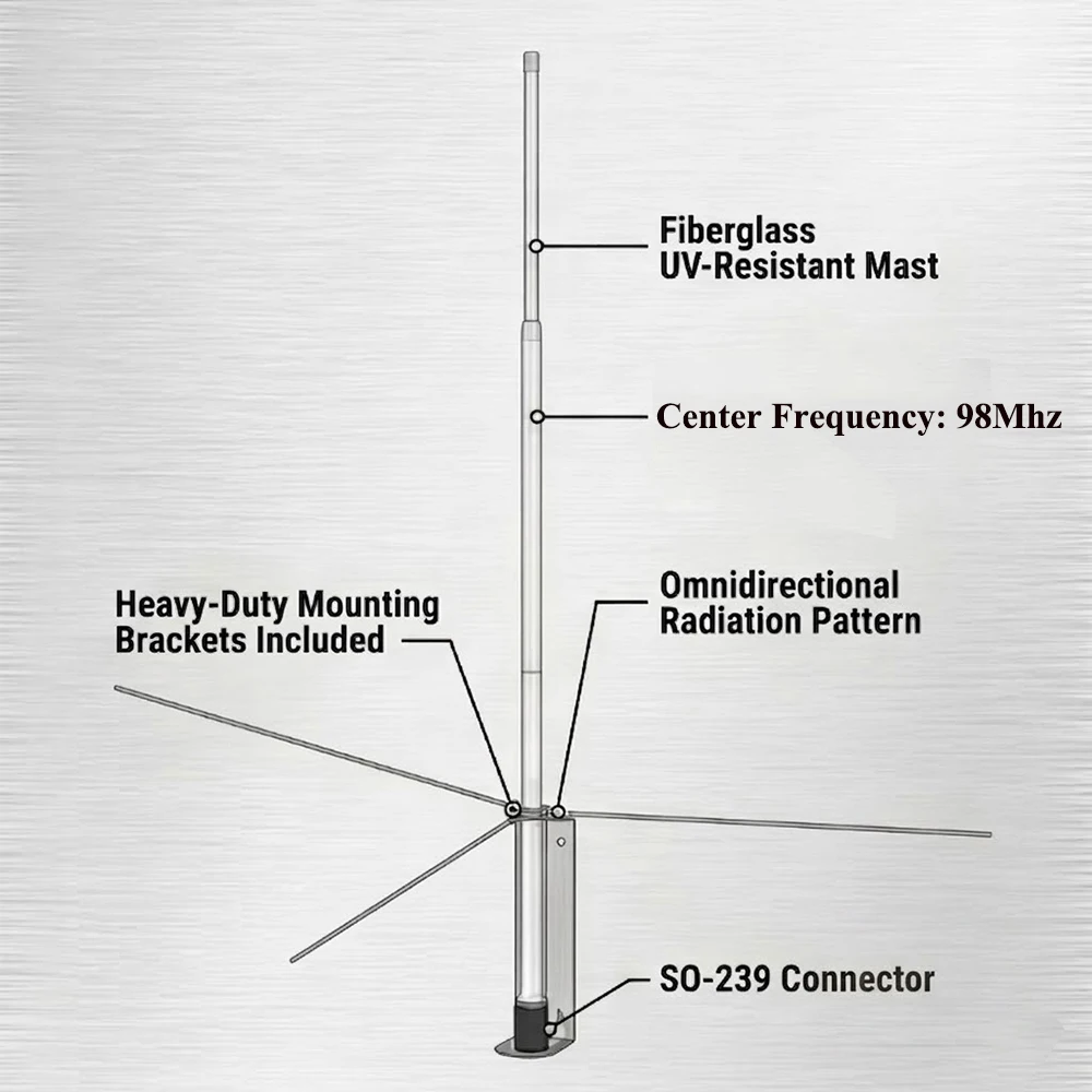 GP200 1/2파 FM 송신기 안테나 5W-100W 전문가용 GP 안테나 (10M 케이블 포함) 고이득 야외 기지국용