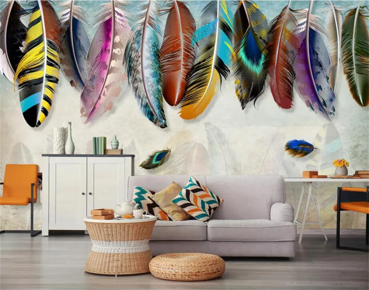 

beibehang Custom wallpaper murals American minimalist fashion colorful hand-painted feathers texture art wall papel de parede