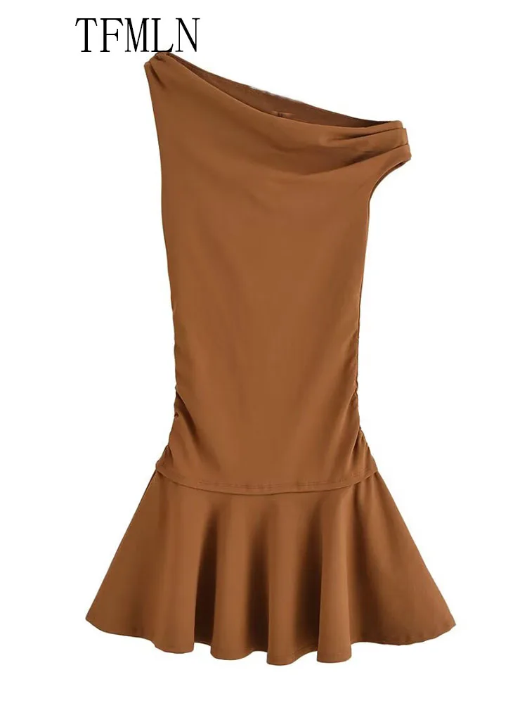 TFMLN 2025 Women Solid Asymmetrical Mini Dress Summer Sleeveless Diagonal Collar Causal Slim Dress Fashion High Street Dress