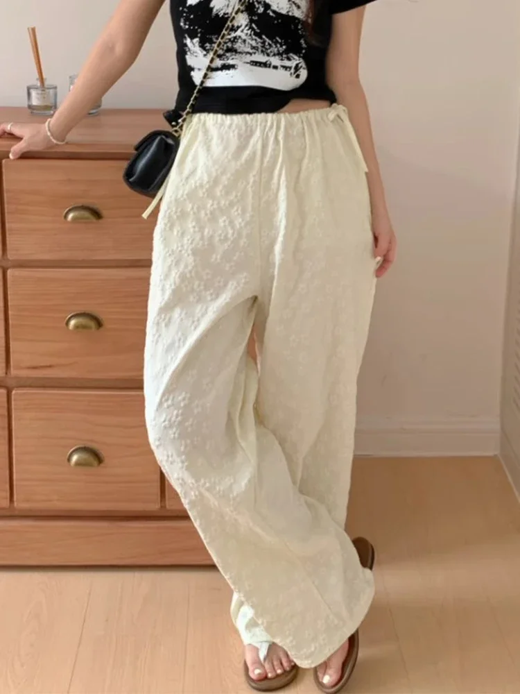 Spring Women's Design Lace Up Bow Pants Korean Fashion High Waist Versatile Jacquard Casual Women Simple Straight Tube Pants