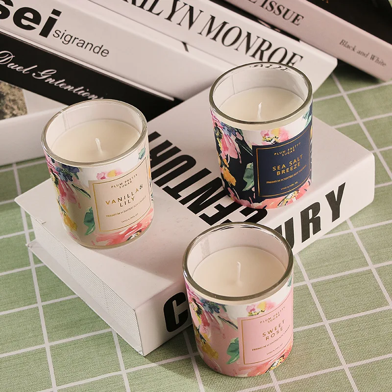 Glass Cup Scented Candle Rose/vanilla/jasmine Home Bedroom Living Room Bathroom Air Fresh Plant Wax Smokeless Scented Candle