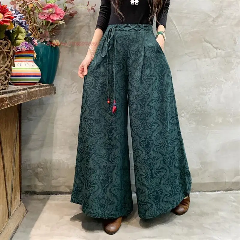 Chinese Vintage Women Pants National Cotton Linen Jacquard Loose Wide Leg