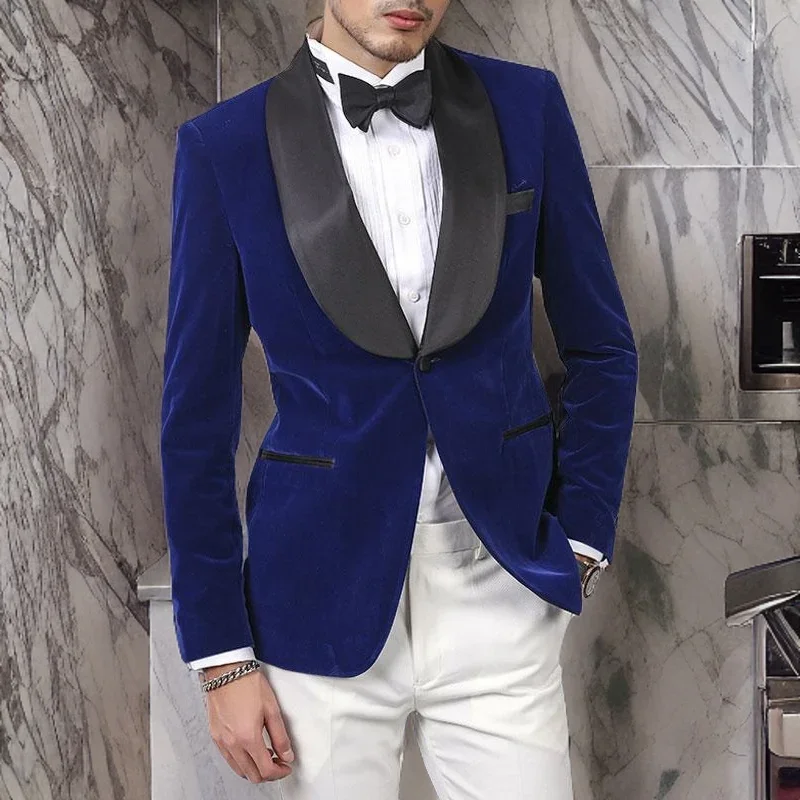 

Royal Blue Velvet Wedding Tuxedo for Groom Party Casual Slim Fit Men Suits 2 Pieces Male Fashion White Pants Smoking Blazer