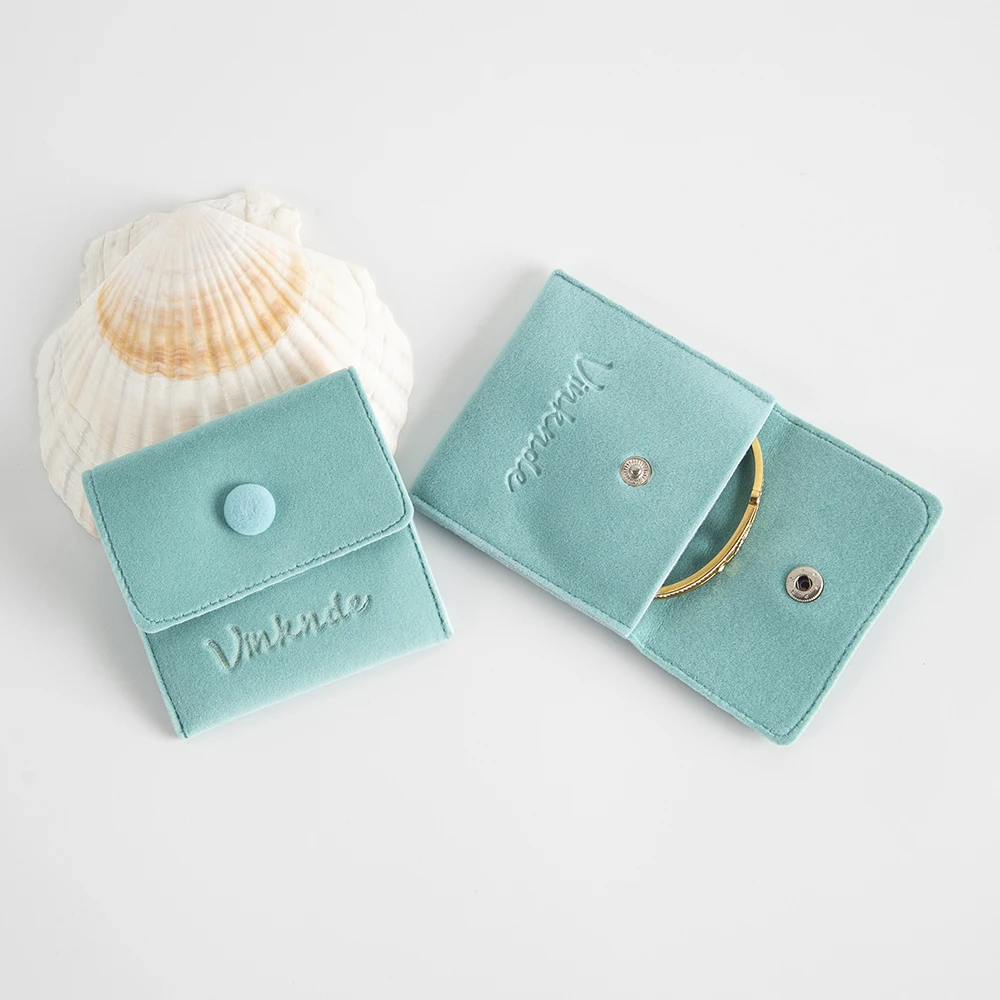Custom Logo Jewellery Pouch Packaging Bag Soft Velvet Bracelet Necklace Rings Earrings Storage Snap Button Velvet Gift Storage