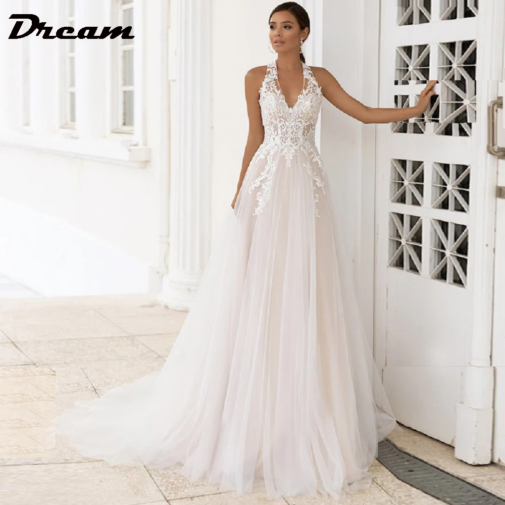 DREAM Beach Sleeveless Wedding Dresses Bohemian Lace Halter Appliques Tulle A-line Bride Gown Vestido de Novia 2022 New