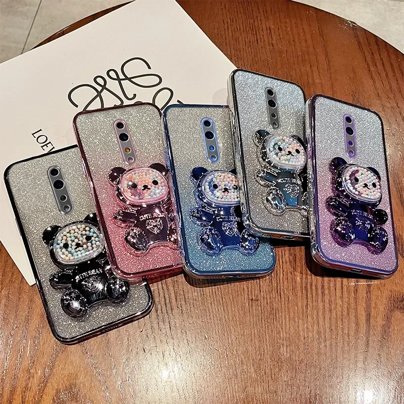 Soft Silicone Bling Shockproof Electroplated TPU Phone Case with Cute Bear Stand