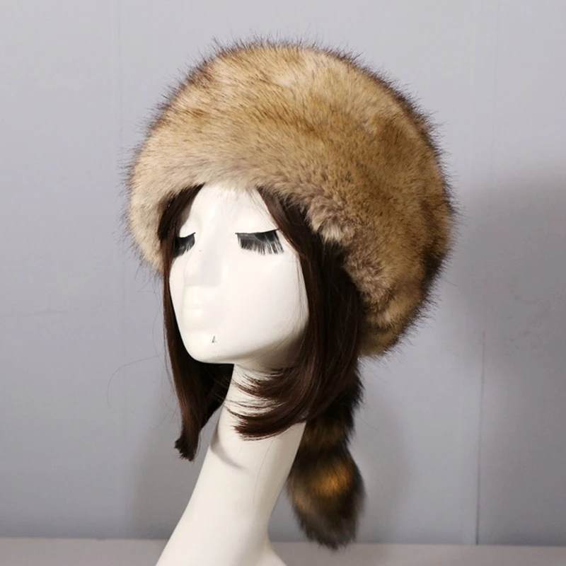Adult Unisex Plush Flat Top Hat Russian Style Mongolian Hat with Raccoon Tail Woman Teens Casual Windproof Winter Keep Warm Cap