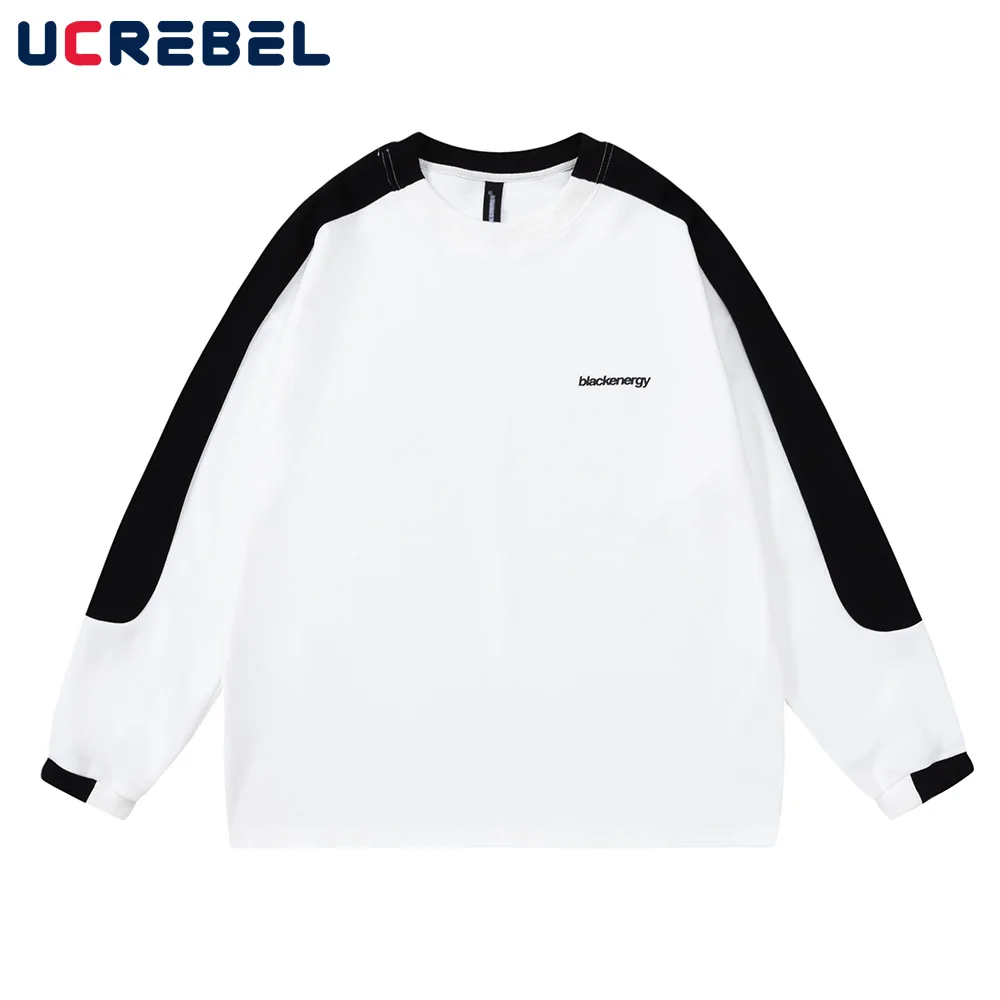 

Contrast Paneled Long Sleeve T-shirt Mens Streetwear Letter Embroidery Casual Loose Crew Neck Tshirt Men
