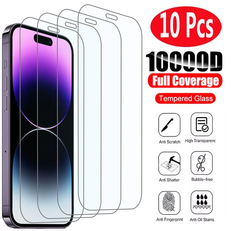 

10Pcs Tempered Glass For IPhone 15 14 13 12 11 Pro Max Screen Protector For IPhone 6s 14 7 8 Plus X XR XS Max 12 13 Mini Glass